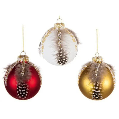 Premier Gold Red & White Glass Woodland Feather 3 Assorted
