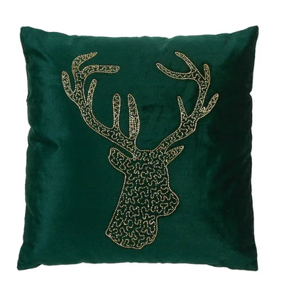 Premier Green Velvet Beaded Reindeer Cushion 45 x 45cm