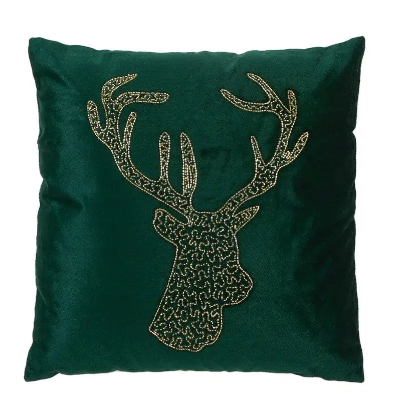 Premier Green Velvet Beaded Reindeer Cushion 45 x 45cm
