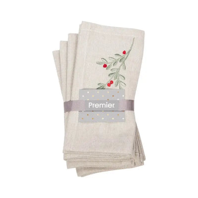Premier Set of 4 Embroided Chambray Holly Berry Napkins