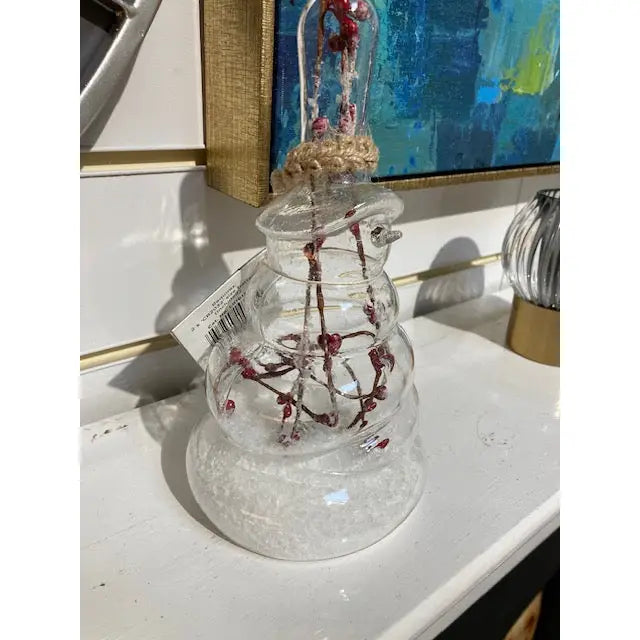 Premier Warm White LED Glass Snowman With Red Berries