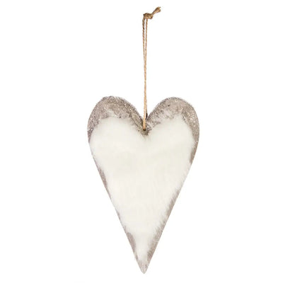 Premier White Fur Grey Wood Heart 12cm - Christmas
