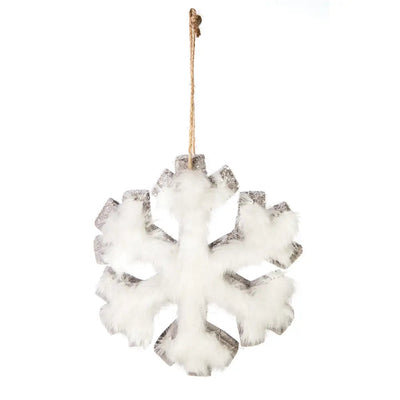 Premier White Fur Grey Wood Snowflake 16cm - Christmas