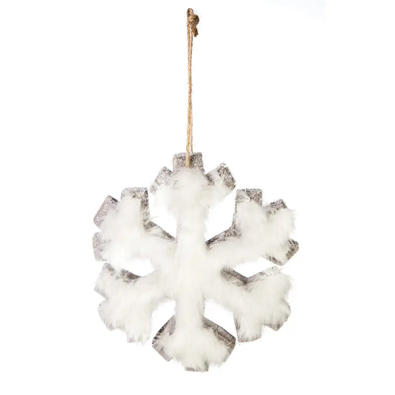 Premier White Fur Grey Wood Snowflake 16cm - Christmas