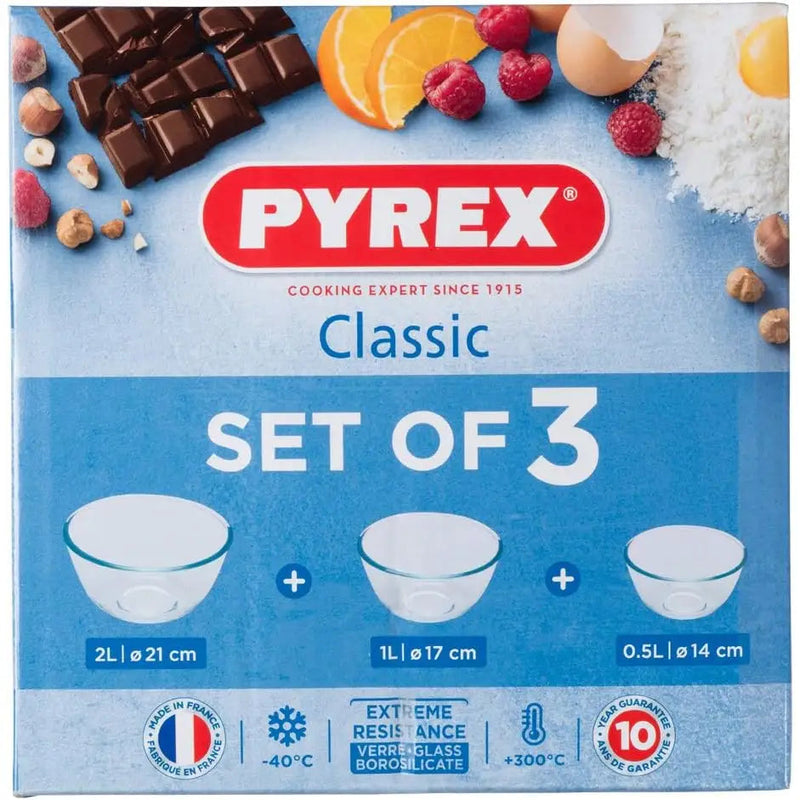 Pyrex 3 Piece Classic Bowl Set (0.5 + 1 + 2 Litre) - Glass