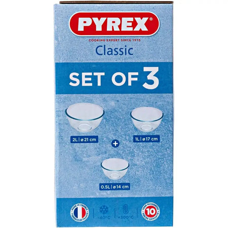Pyrex 3 Piece Classic Bowl Set (0.5 + 1 + 2 Litre) - Glass
