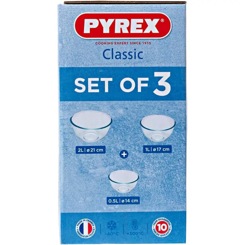Pyrex 3 Piece Classic Bowl Set (0.5 + 1 + 2 Litre) - Glass