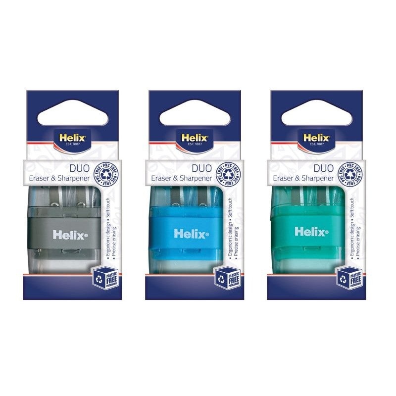Helix Duo Eraser & Sharpener Set - Blue, Black & Green - 1 Sent At Random