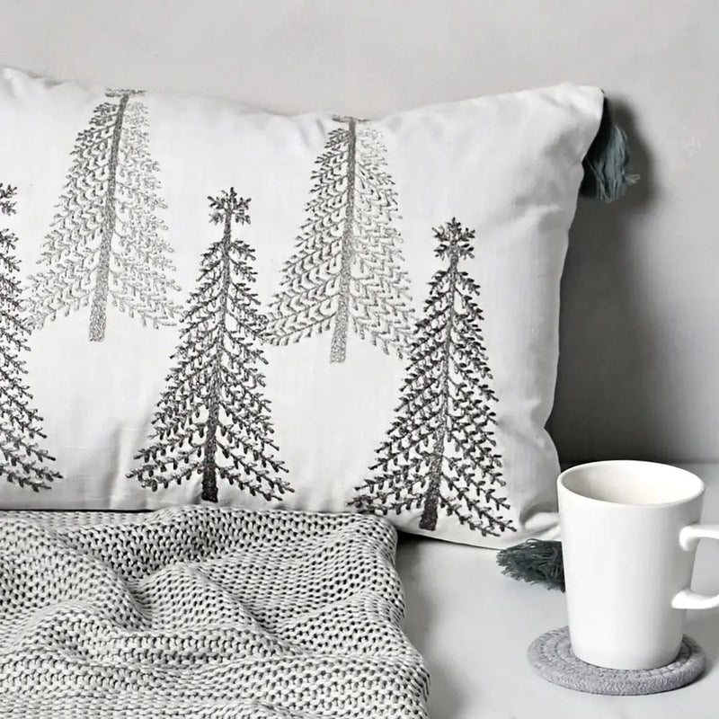 Rectangle Silver Tree Cushion with Tassles - Seasonal &