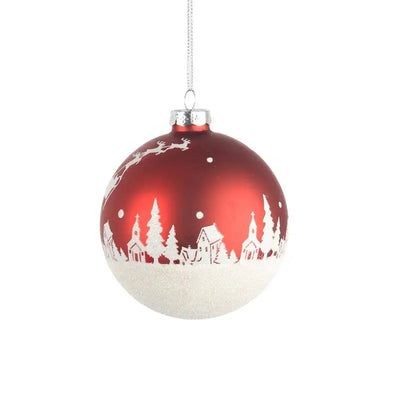 Red Glass Bauble With White Reindeer & Tree 10cm
