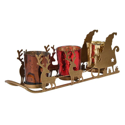 Red & Gold Sleigh 3 Xmas Candle Holder - Christmas