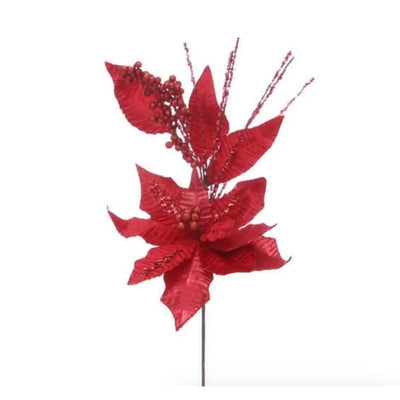 Red Poinsettia With Leaves And Strands Spray 69cm - Seasonal