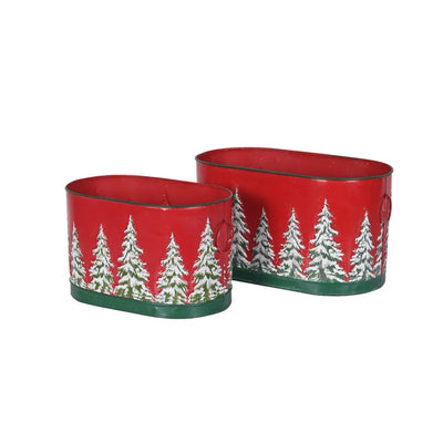 Red Snowy Tree Tin Planter Large Seasonal >> Christmas >>
