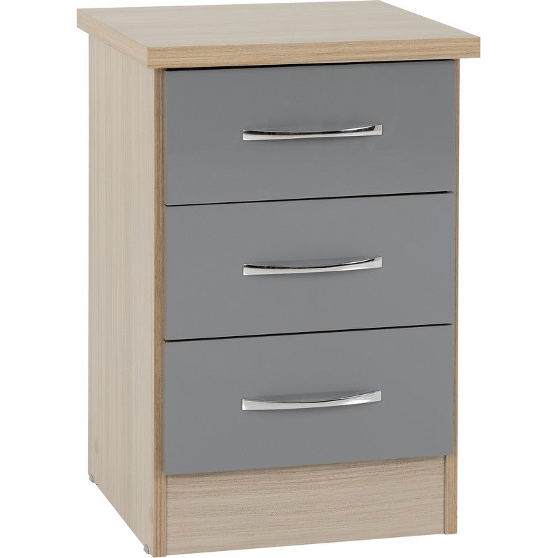 Nevada 3 Drawer Bedside - Grey Gloss and Oak