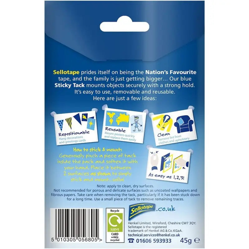 Sellotape Sticky Tack for Home & Office - Reusable Blue Tack Adhesive ...