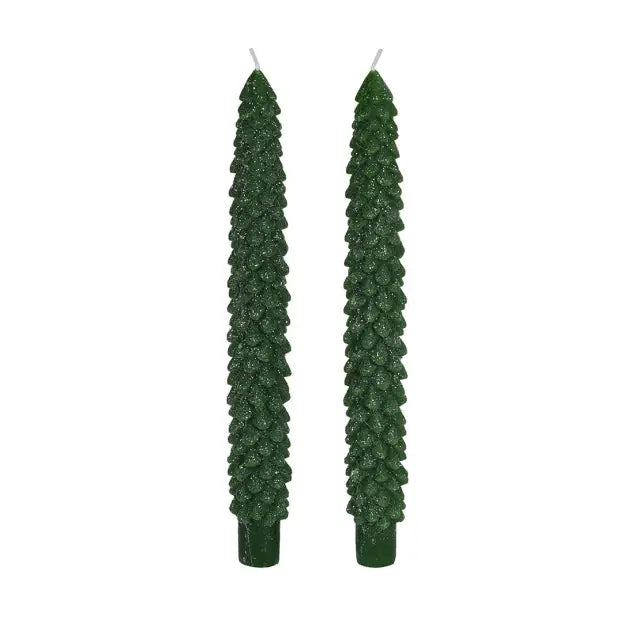 Set Of 2 Green Xmas Tree Candle Sticks - Christmas >>