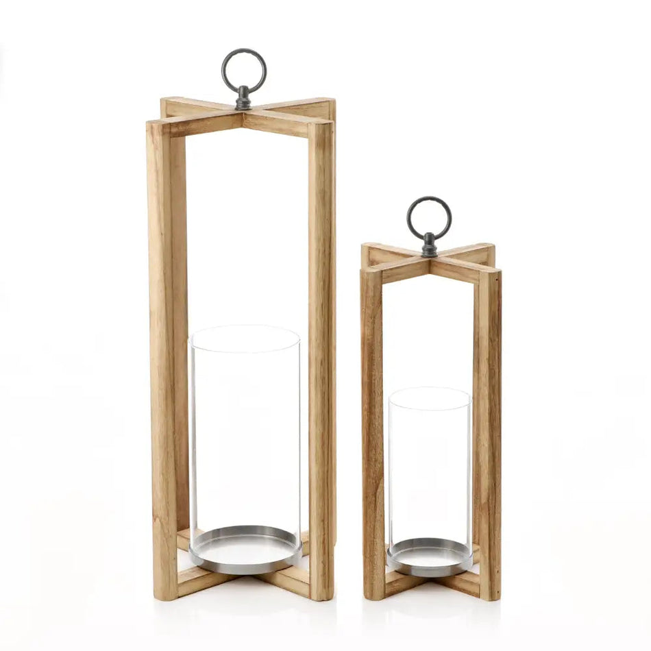 Set Of 2 Wooden Floor Lanterns 41cm & 56cm - Lanterns