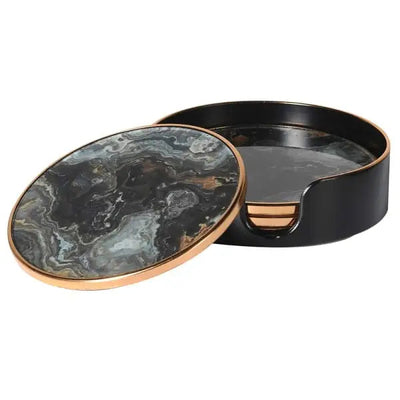 Set Of 4 Black Marble Effect Coasters With Holder -