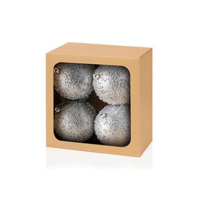 Set of 4 Silver Glitter Beaded Baubles - 100mm - Seasonal &