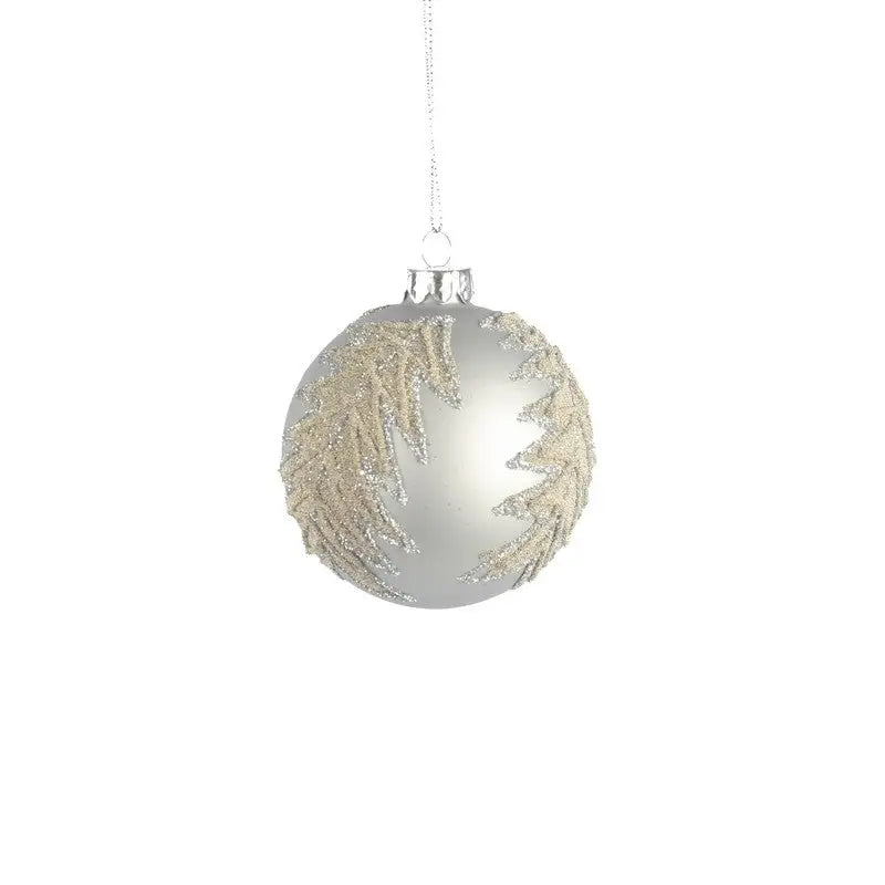 Silver Glass Bauble With Leaf & Glitter 8cm - Seasonal >>
