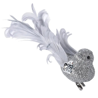 Silver Glitter Curl Feather Bird Clip On - Christmas