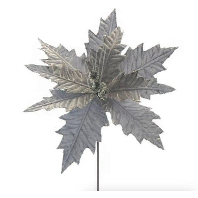 Silver Poinsettia With Silver Glitter Stem 66cm - Seasonal &