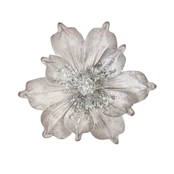 Silver Velvet Magnolia Clip On 24cm - Seasonal >> Christmas