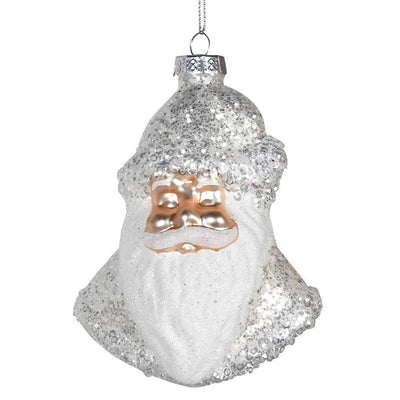 Silver & White Glitter Santa Head Bauble - Christmas