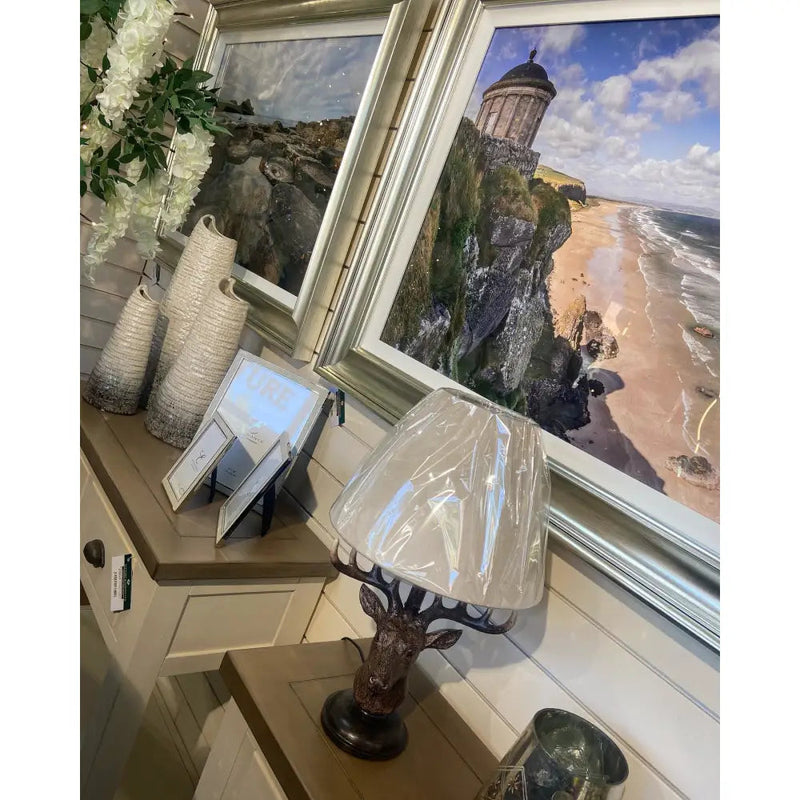 Stag Head Table Lamp With Linen Shade 28x28x48cm - Lamps
