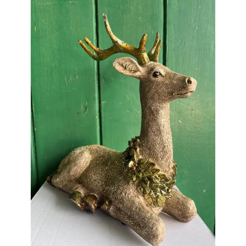 Straits Reindeer Lying Figurine Gold Glitter 22cm -
