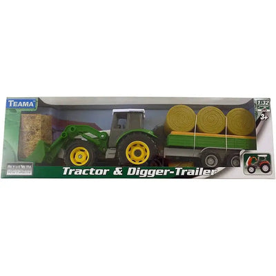 TEAMA GREEN TRACTOR AND DIGGER WITH BALE TRAILER SET 1:32
