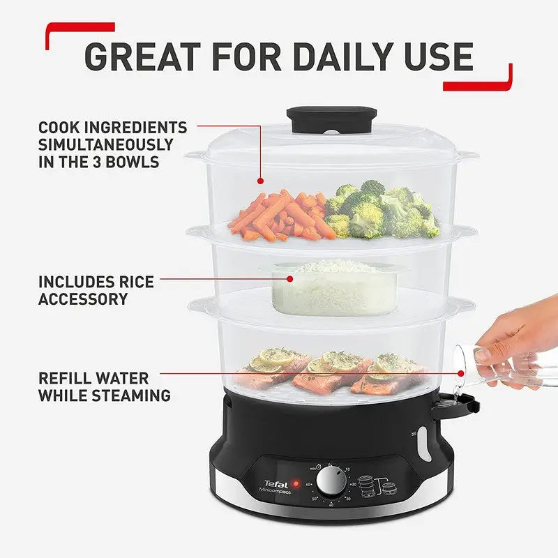 Tefal Ultra Compact 3 Tier Steamer - Black - Kitchenware