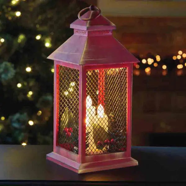Three Kings Yule Auto Timer Battery Powered Lantern - Red &