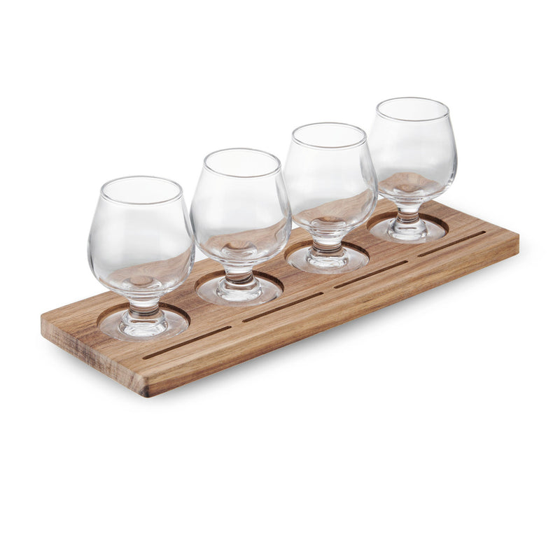 BarCraft Wooden Tasting Paddle 34cm with Set of 4 Glasses, 150ml