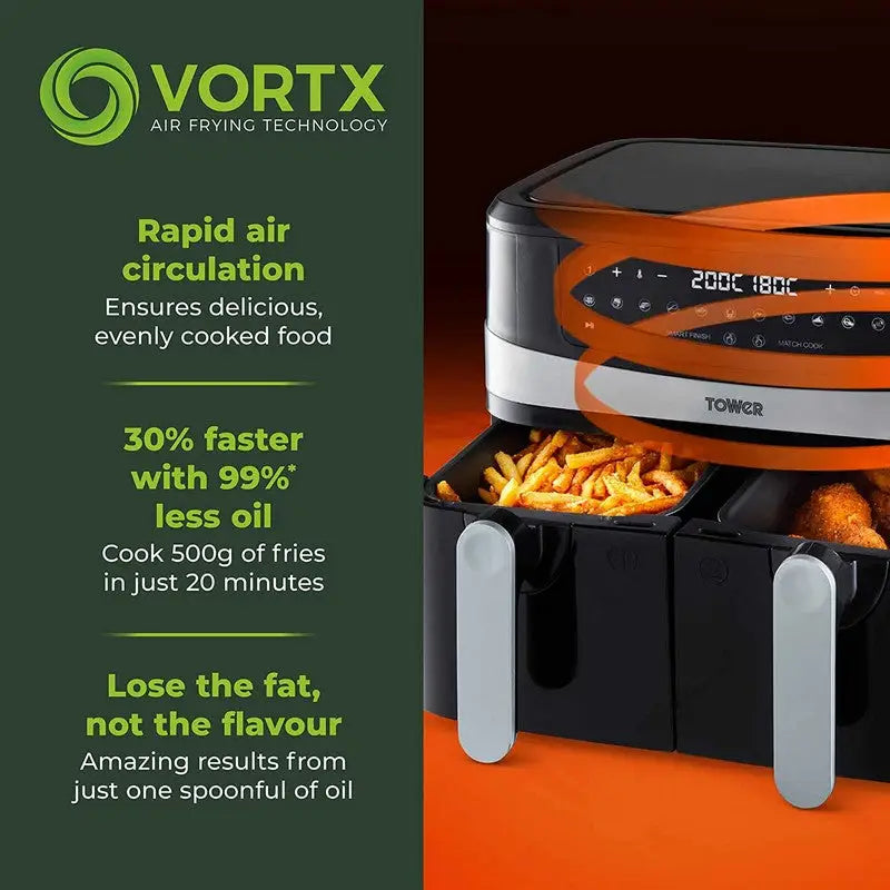 Tower Vortx Dual Basket Air Fryer 9 Litre - 1800W