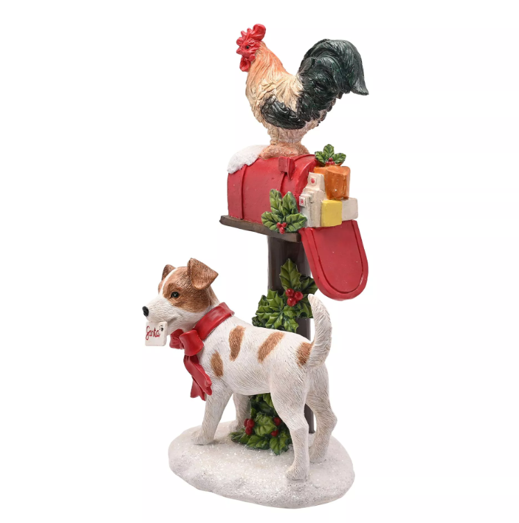 Resin Christmas Dog and Chicken On A Postbox