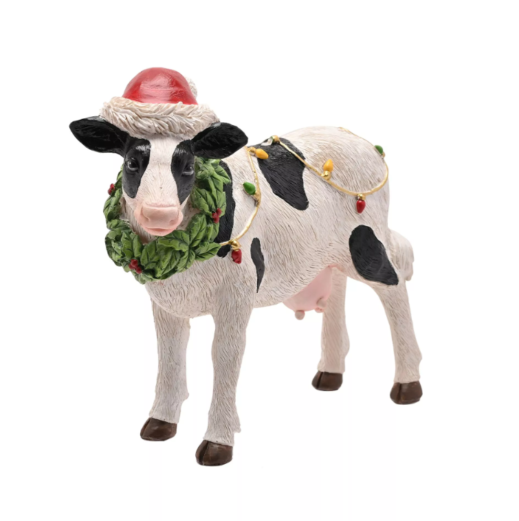 Resin Christmas Cow With Santa Hat and Wreath