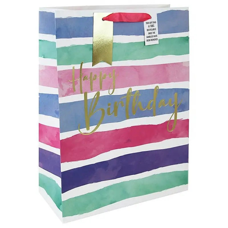 Watercolour Stripe Birthday Pink Gift Bag - Large - Giftware