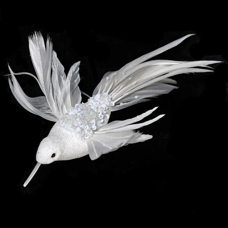 White Beaded Feather Humming Bird Clip On - Christmas