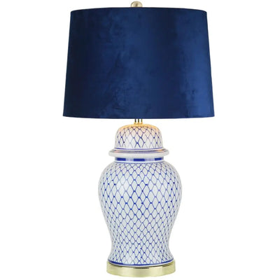 White & Blue Ceramic Lamp With Navy Velvet Shade 36 x 36 x