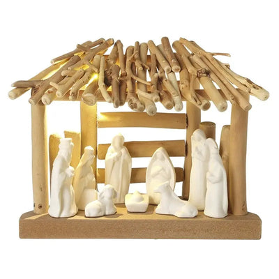 White Ceramic & Wood Nativity Scene 30x16cm - Seasonal >>