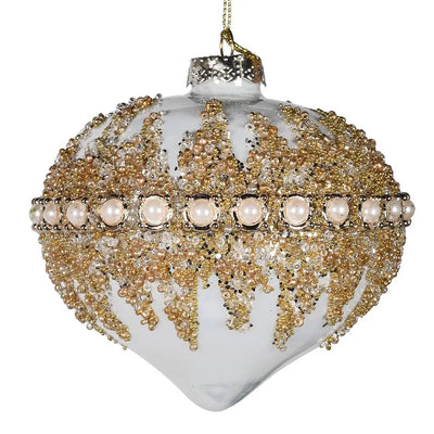 White / Gold Beaded Onion Bauble - Christmas