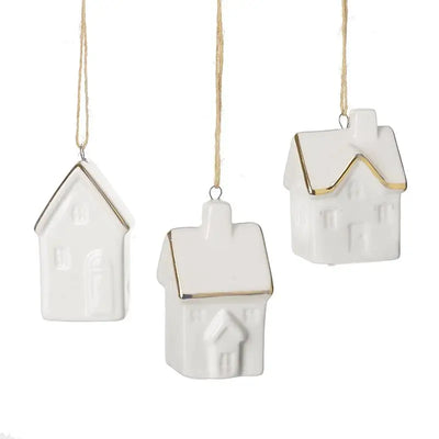 White & Gold Hanging Ceramic House 3x6cm - 3 Assorted 1