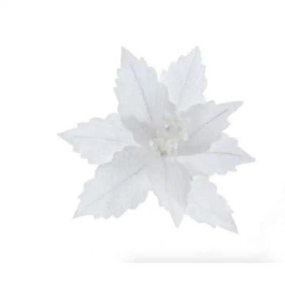 White Poinsettia With White Glitter Clip On 26cm - Seasonal