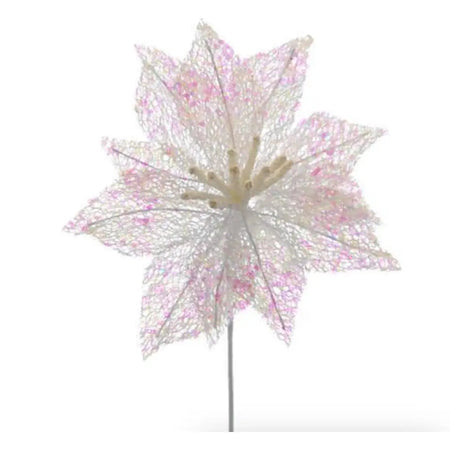 White Poinsettia With White Sequins Stem 53cm - Seasonal &