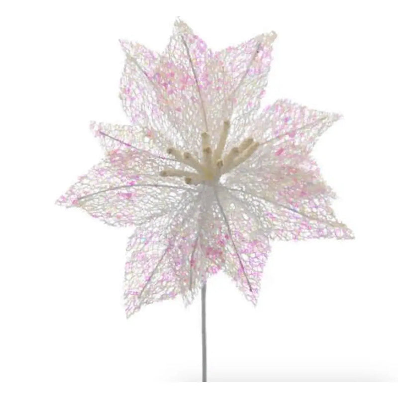 White Poinsettia With White Sequins Stem 53cm - Seasonal &