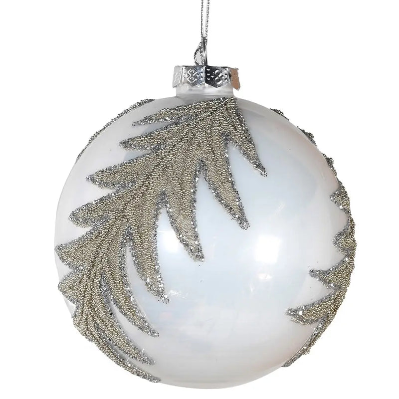 White & Silver Beaded Bauble With Leaf Design - Christmas
