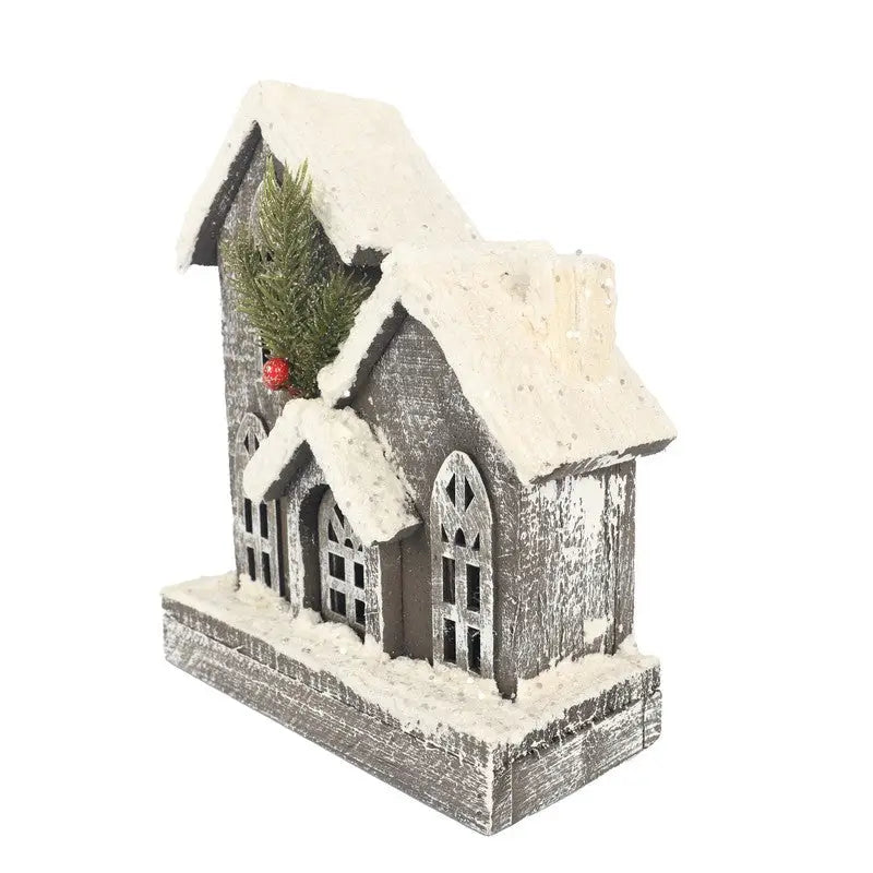 Wooden Glittered Church With LEDs Battery Operated 25cm