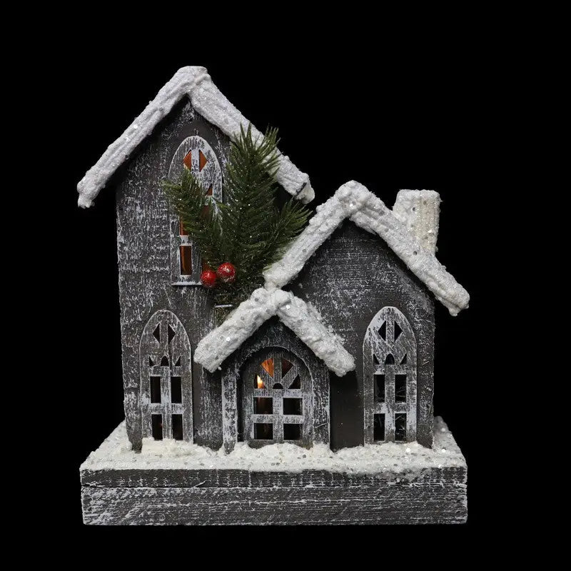 Wooden Glittered Church With LEDs Battery Operated 25cm