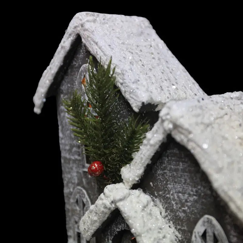 Wooden Glittered Church With LEDs Battery Operated 25cm